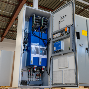 Industrial MCC panel by Exact Control Systems Inc., manufactured to client specifications with UL and CSA certification. Promotes a clean, high-density modular layout with segregated power and control wiring, incorporating components from ABB, Siemens, Allen-Bradley, Schneider Electric, and Eaton for reliable motor system control and future scalability