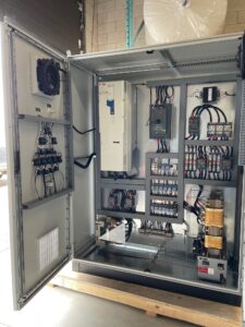 Exact Control Systems Inc Pump Station Control Panel: Multi-pump PLC system with Variable Frequency Drives (VFDs), level sensor integration, and UL 508A compliant wiring for municipal or industrial water systems.